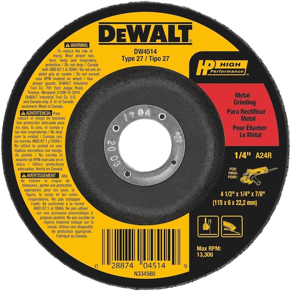 Dewalt Grinding Wheel, 4-1/2X1/4X7/8 Metal Fast Cut Dcw DW4514Z - main